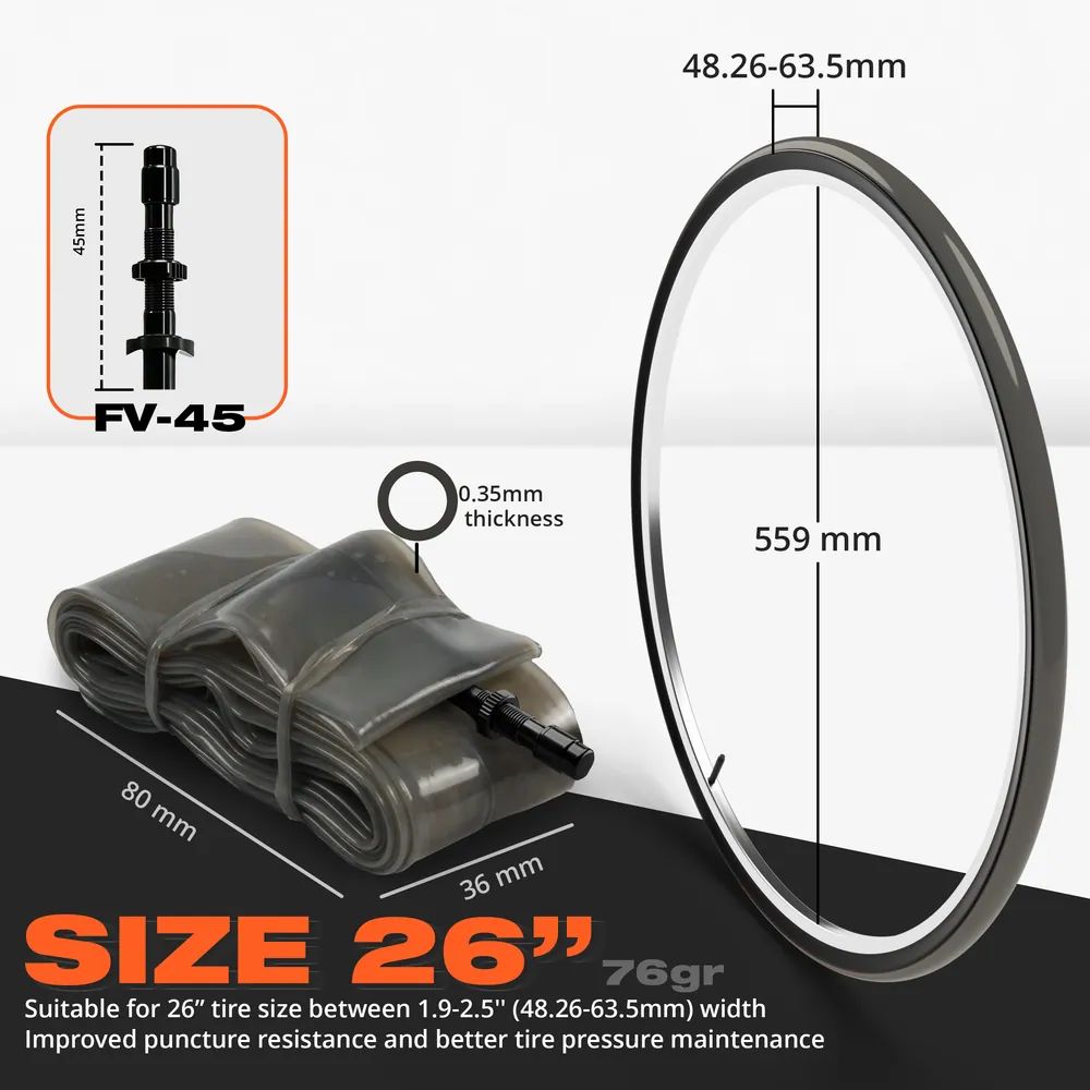 Black Seal – Cámara 29 MTB, 27.5 y 26 TPU Premium 0,35 mm · 1 ud · 26" · Medidas