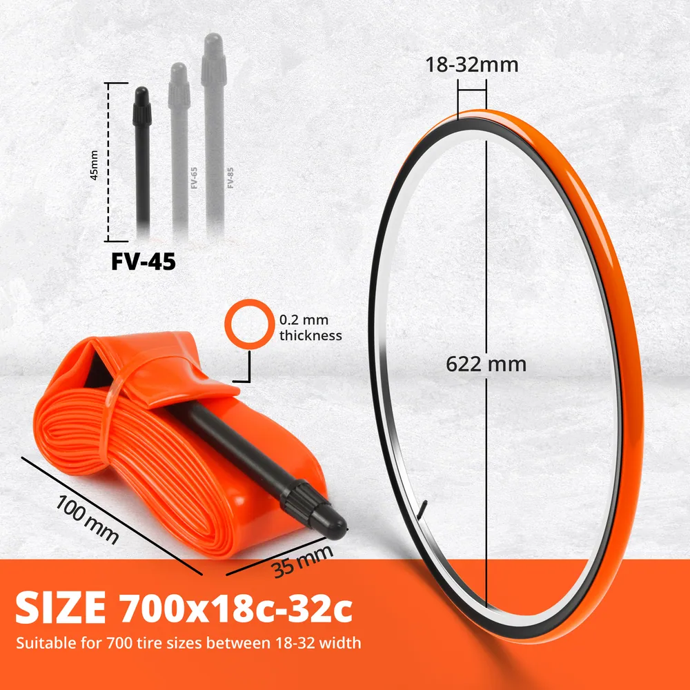 Cámara TPU Carretera 700x18-32C Ultraligera 28 g · 1 ud · válvula 45 mm · Medidas