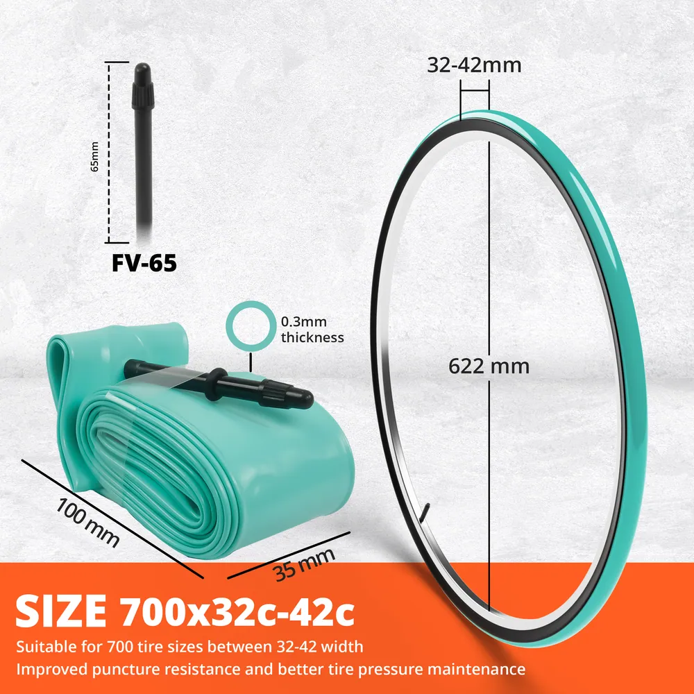 Cámara Bicicleta Gravel TPU 700x32-42C Ultraligera 44 g · 1 ud · válvula 65 mm · Medidas