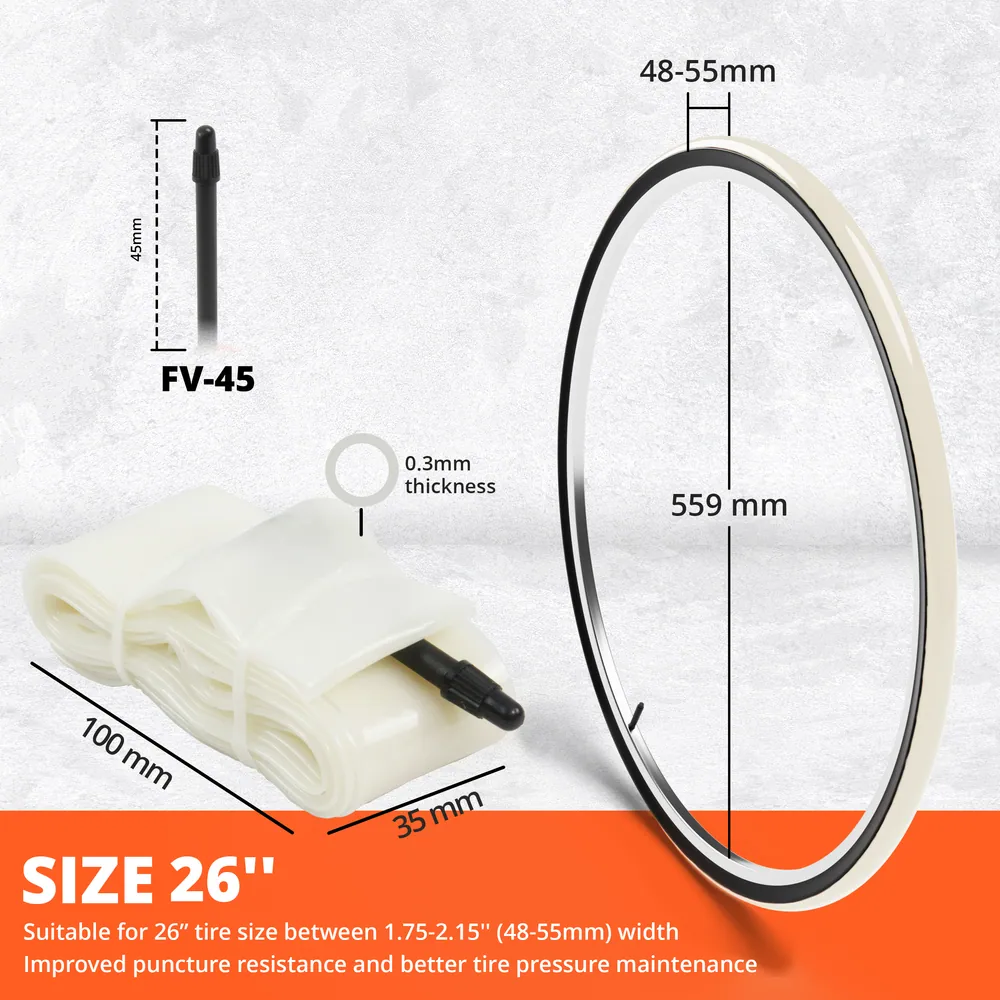 Cámara MTB TPU 29, 27,5 y 26 Ultraligera 56-66 g · 1 ud · 26" · Medidas
