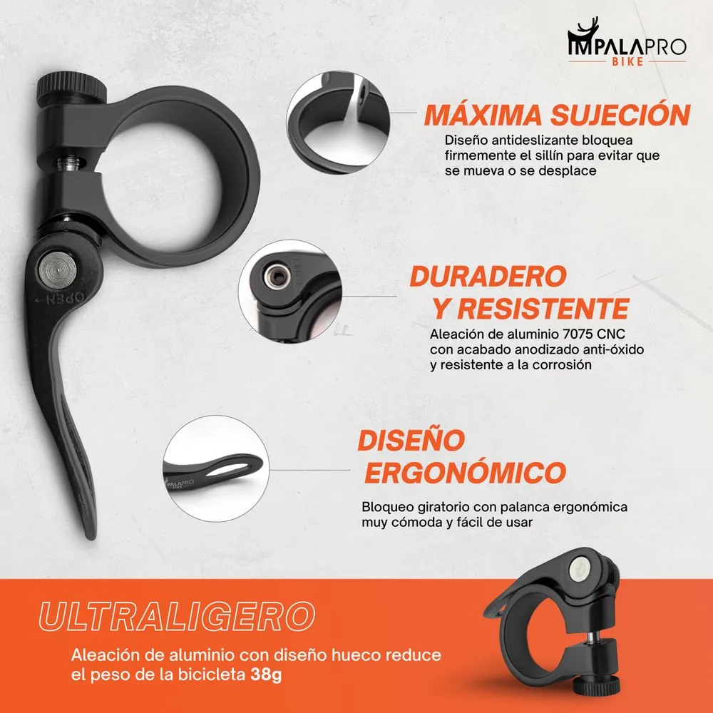 Abrazadera Sillín Bicicleta Liberación Rápida · Negro · Ø31,8 mm · Detalles
