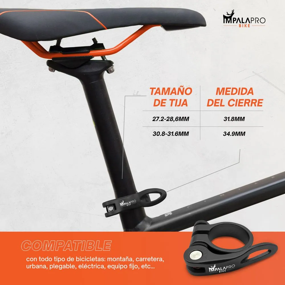 Abrazadera Sillín Bicicleta Liberación Rápida · Negro · Ø31,8 mm · Compatibilidad