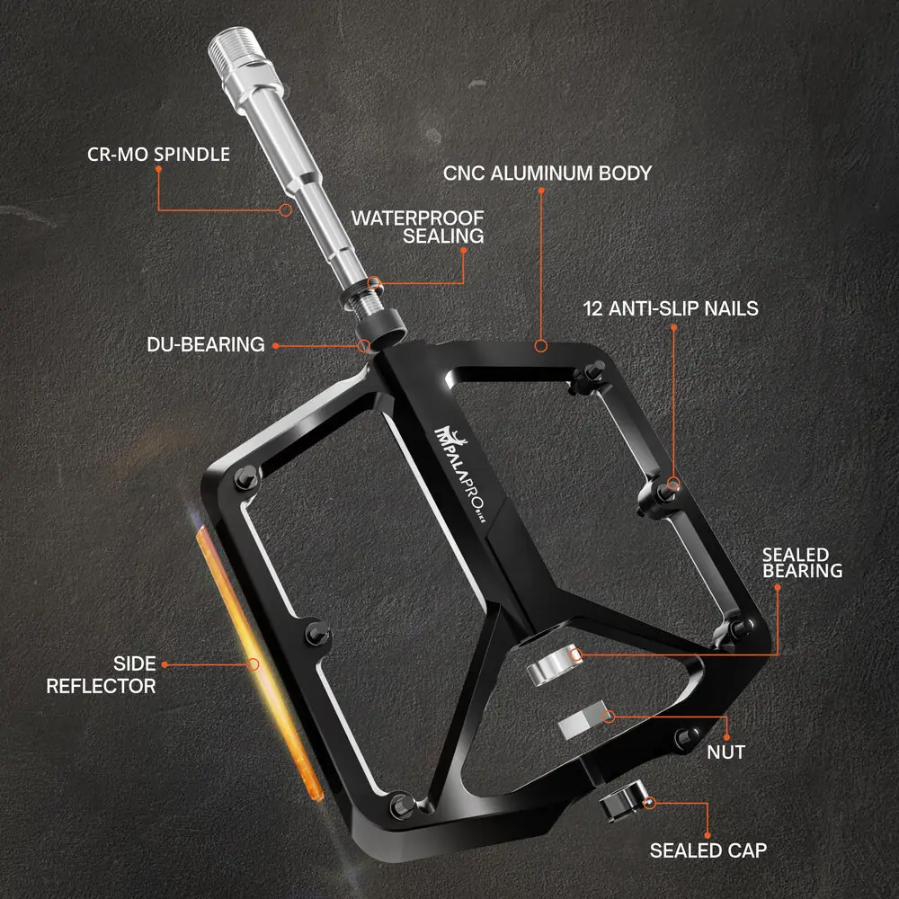 Pedales Bicicleta Montaña Aluminio CNC con Reflectantes · Negro · Partes