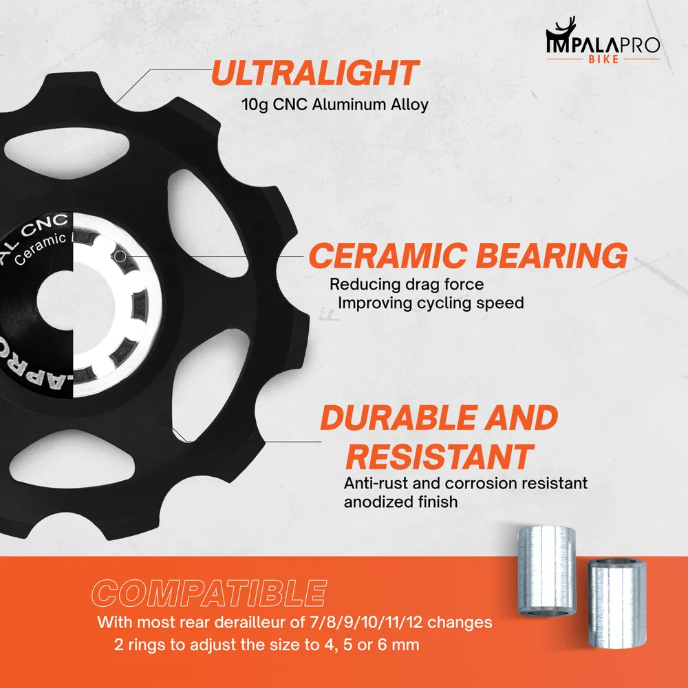 Set of 2 Ceramic Bearing 11T Jockey Wheel in Aluminum CNC · Black · Features